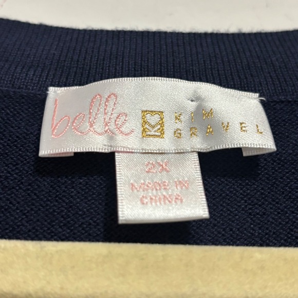 Belle by Kim Gravel Navy Blue Rainbow Stripe Sleeve Crew Neck Sweater 2X - Picture 2 of 4